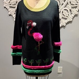 Holiday Time Christmas Flamingo Sweater Black with Pink, Green and Gold Large